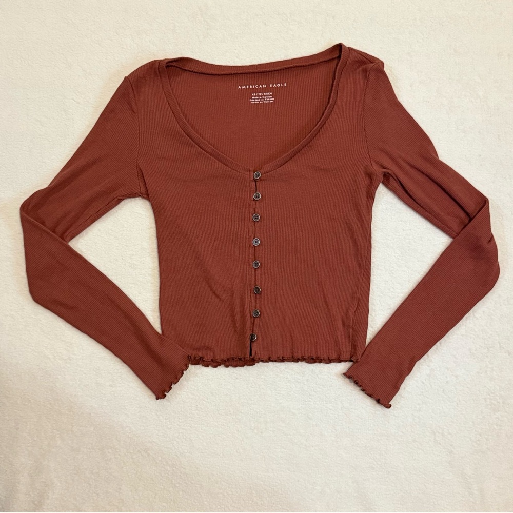 American Eagle Outfitters Cropped Brown Button-Down Shirt— size XS